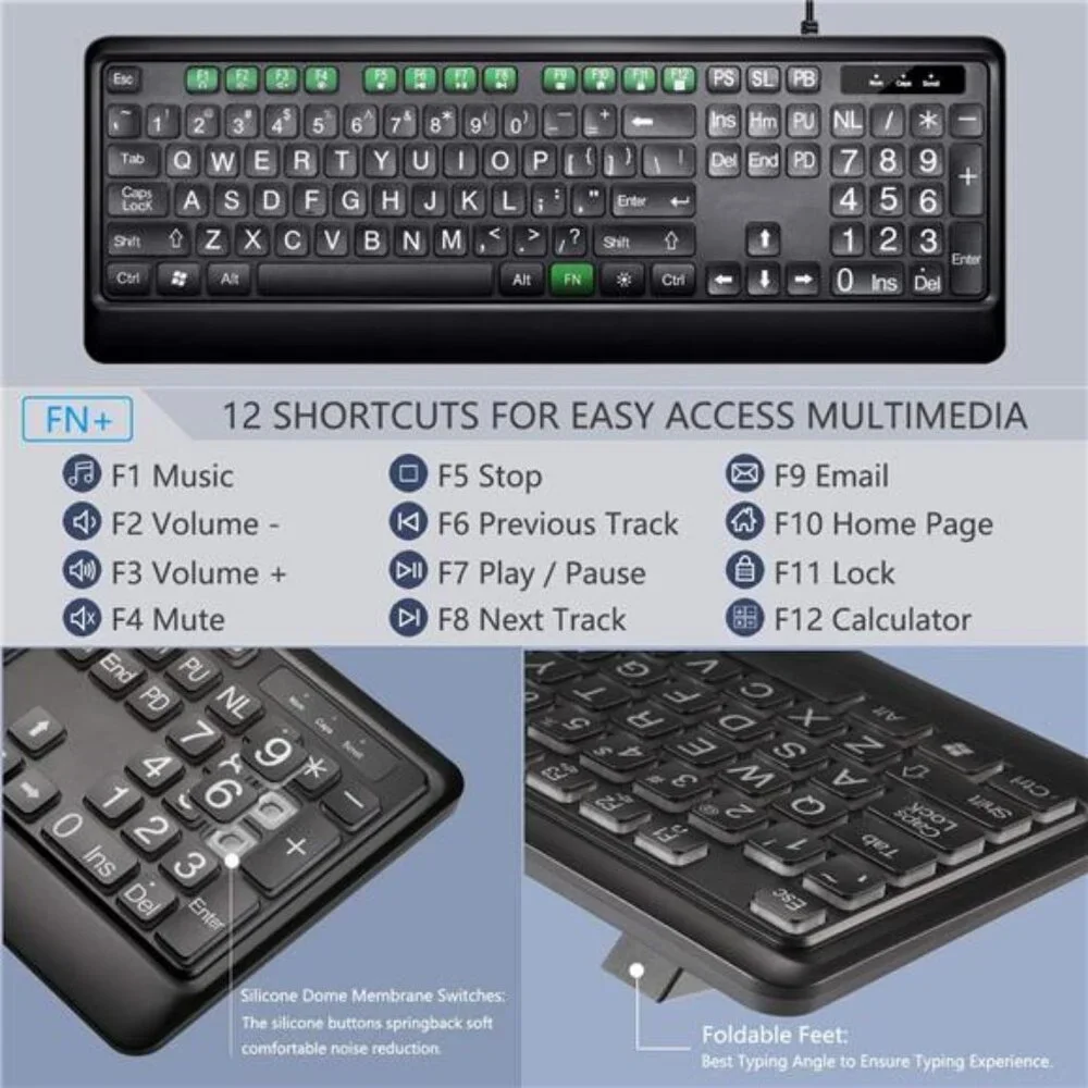 Large Print Backlit Keyboard USB Wired Computer Keyboard Full Size Keyboard